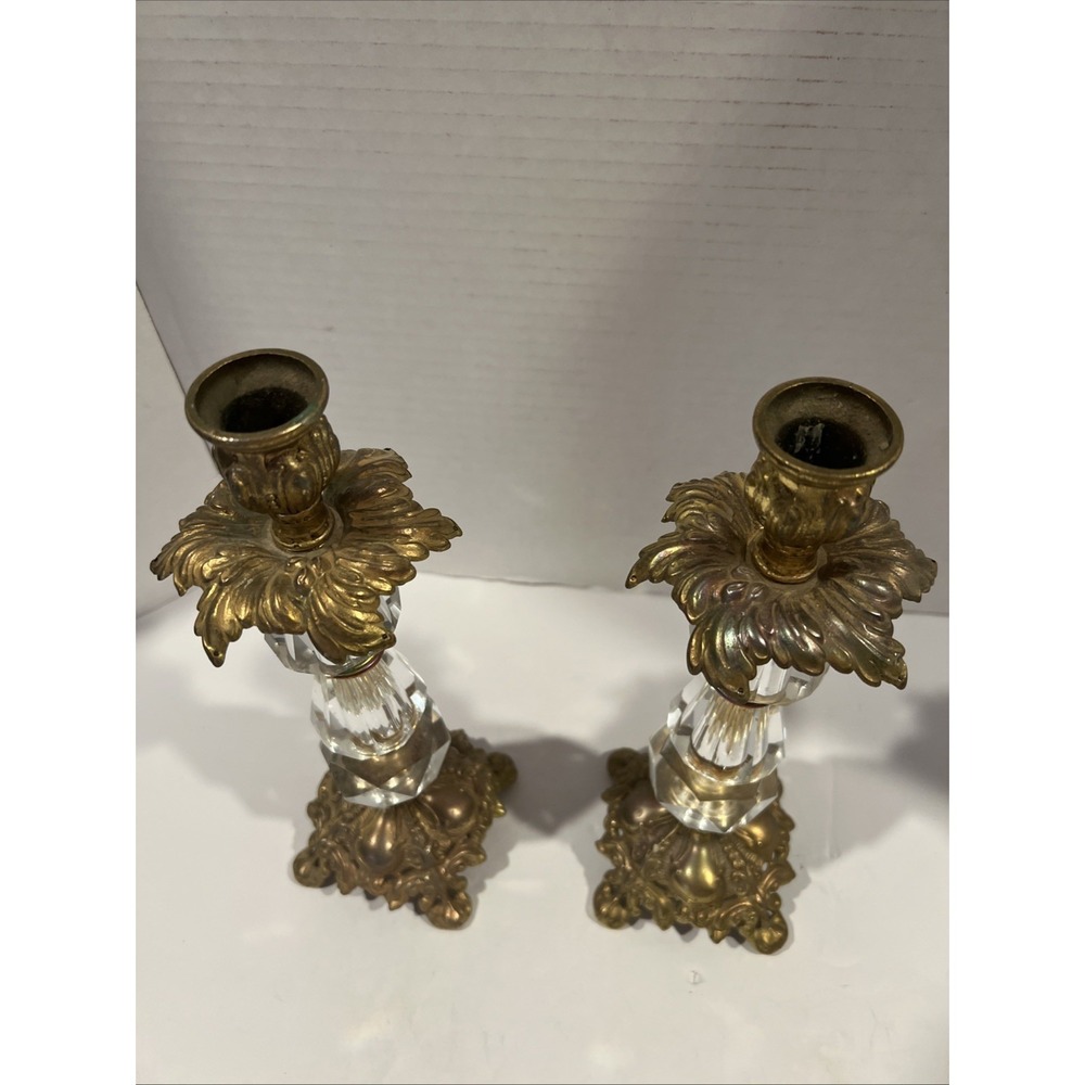 VTG Antique Victorian Brass Figural Crystal Hollywood Regen Candlestick Holders - Picture 4 of 6